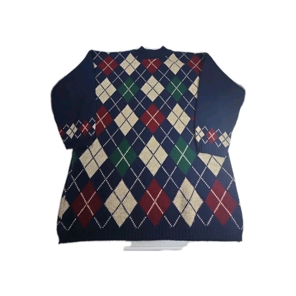 Vtg Private Eyes ARGYLE Sweater NAVY ADELE Knit USA 80s 90s UNISEX